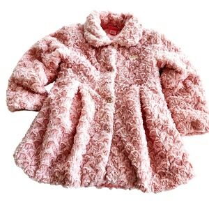Juicy Couture Kids Pink Rosette Peplum Babydoll Faux Fur Logo Plate Coat Sz. 6